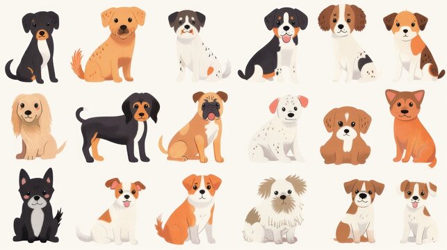 Simple clipart set of gouache or watercolor cartoon cute dogs in muted or pastel colors on a white background