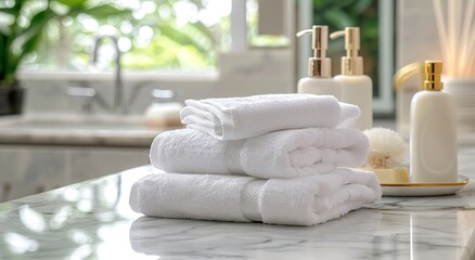 Close up of white towels on marble bathroom counter with blurred background, space for product display or montage. Interior design of modern spa salon in the style of an interior designer
