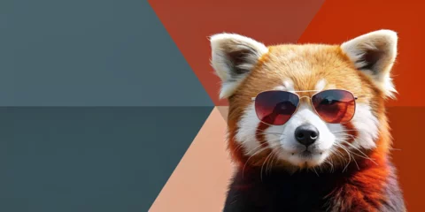Wandaufkleber  little  red panda wearing sunglasses on a solid color background, vector art, digital art © misho
