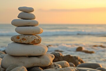 Stacked white stones on the beach at sunset,  Zen concept