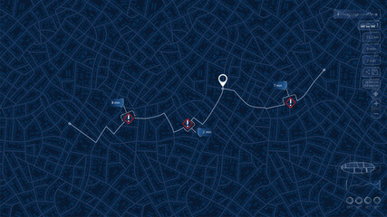 Closed turns on road, highway disruptions. Accident road. Traffic detours on map. Location tracks dashboard. Generic city map with streets and houses. Vector illustration