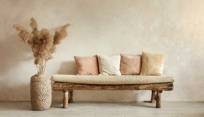 Wood log bench with beige cushions against stucco wall with copy space. Rustic, boho home interior design of modern living room