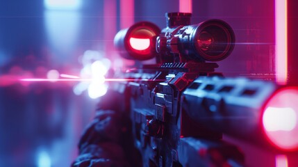 Close-up of a sniper rifle scope with glowing red detailing and cybernetic enhancements. - obrazy, fototapety, plakaty