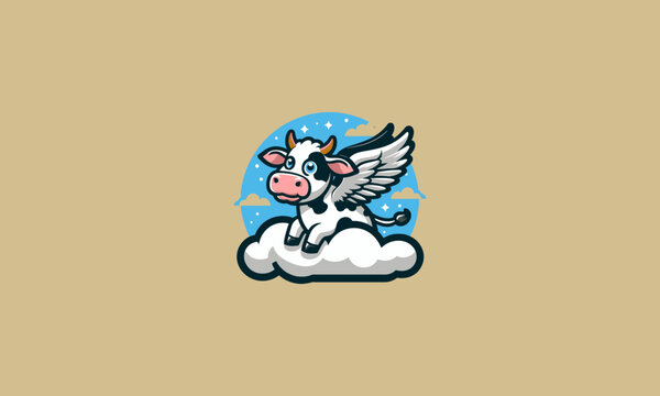 cow expression sad with wings on cloud vector logo design