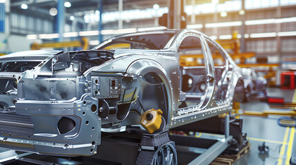 A car is being built in a factory. The car is on a conveyor belt and is being assembled