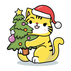 hand drawn Yellow cat holding a pain tree vector celebrating the Christmas season illustration
