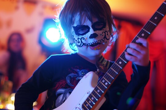 child with face paint rocking guitar at party