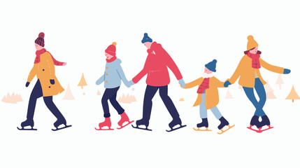 People ice skating flat vector illustration. Family 