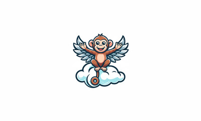 monkey cute with wings on cloud vector mascot design