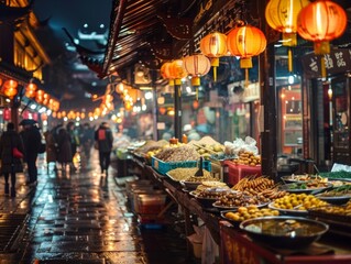 A festive night market bustles on a city street, its colorful stalls bathed in warm light amidst the charming architecture