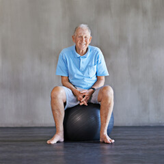 Elderly man, exercise ball and portrait in studio on mockup space with physical therapy, workout and practice. Senior person, training sphere and fitness for health with wellness for wellbeing - obrazy, fototapety, plakaty