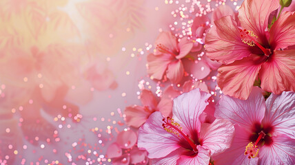 Hawaiian hibiscus flowers with glitter bokeh background. Copy space.