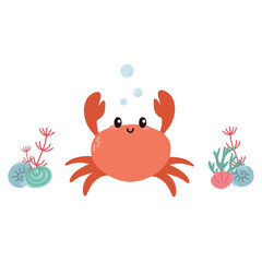 Cute crab with coral, bubbles and algae Hand drawn. Sea animals. Vector doodle cartoon crab of marine life objects for your design.