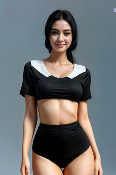 Beautiful slim body of asian woman in studio, gray background