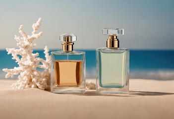 Close up of two glass perfume bottles standing on sand with coral. Selective perfumery and luxury fragrance. Copy space. Concept of fashion and marketing. Ai generation