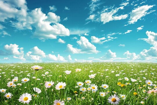 Green meadow with daisies and blue sky with white clouds