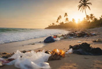 Close up of sandy tropical beach polluted with garbage and plastic bags. In background there are...