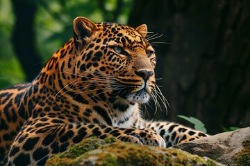 Leopard on the rock in the forest,  Close-up portrait - obrazy, fototapety, plakaty