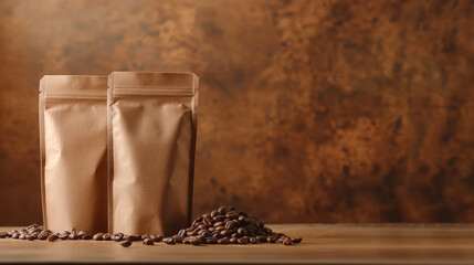 Packaged Coffee Pouches with Roasted Coffee Beans. Coffee Branding with Blank Kraft Paper Bags on Rustic Background