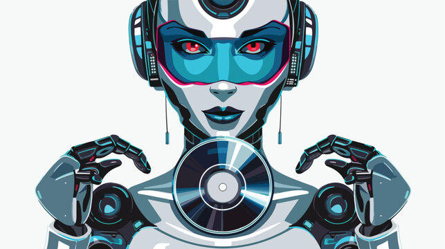 Sexy silver blue robot girl holding compact disc isolated