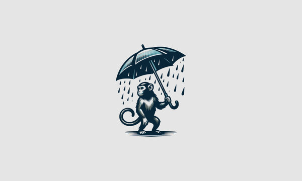 monkey wearing umbrella rain vector logo design