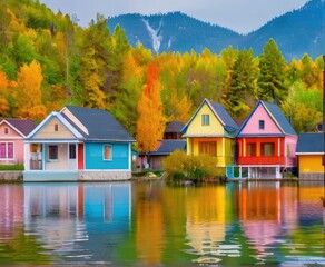 Fototapeta premium The tranquil lake is embraced by a series of quaint cottages, each painted in a vibrant spectrum of colors, crafting a serene and idyllic scene.