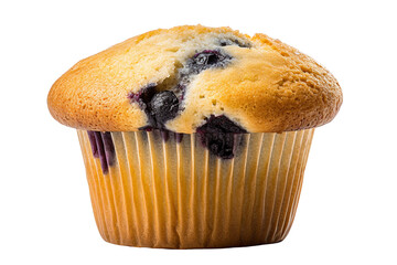 Close-up of a freshly baked blueberry muffin isolated on transparent or white background, png - obrazy, fototapety, plakaty