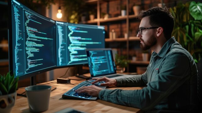 A software developer works on code late into the night, illuminated by the glow of multiple computer screens in a modern office. AIG41
