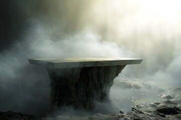 Wooden table on the background of smoke in the geothermal area - obrazy, fototapety, plakaty