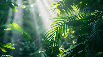 A sunbeam piercing through a dense canopy of tropical leaves in a rainforest.