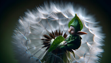 A macro, photorealistic image showcasing a dandelion in seed. Amongst the delicate white seeds, a tiny pale green elf, wearing a green leaf tunic, is sitting