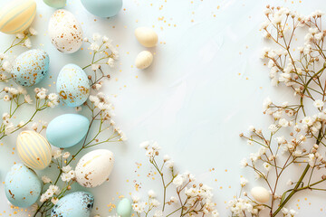 Happy Easter frame with blue, white Easter eggs, spring flowers with copy space for text