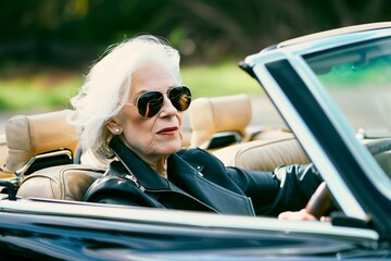 elder woman with sunglasses driving a convertible - obrazy, fototapety, plakaty