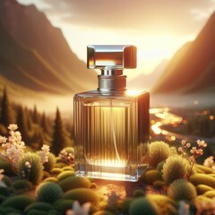 Perfume bottle surrounded by various natural elements