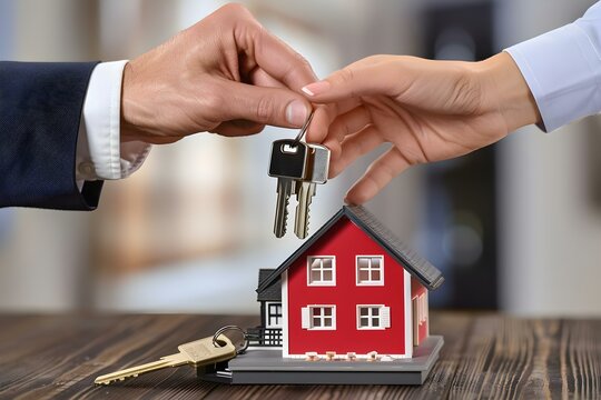 Photo showing hands exchanging keys with house model on table symbolizing estate settlement process and debt acceptance. Concept Real Estate Transactions, Property Handover, Financial Settlement