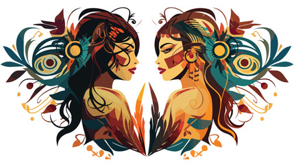 Tattoo art design tribal with two nymphs over colorful