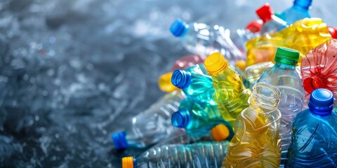 Assorted colorful plastic bottles representing pollution on a blurry water background, environmental issues concept.