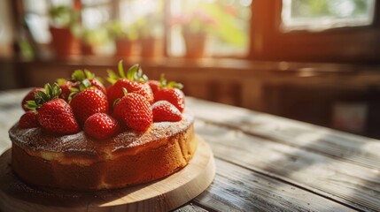 Freshly baked strawberry cake topped with powdered sugar on a wooden board, home cooking concept. - Powered by Adobe