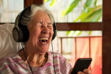 woman in her 70s, headphones on, laughing while listening to a smartphone