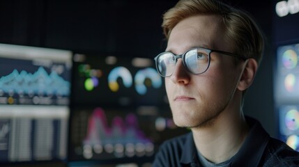 A concentrated young man with glasses analyzing complex data across multiple computer monitors in a dark room.