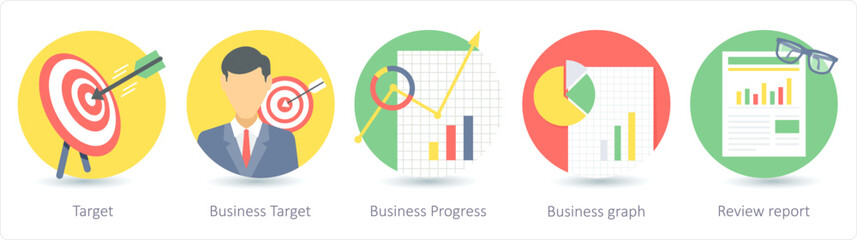A set of 5 business icons as target, business target, business progress