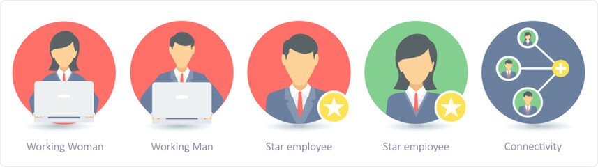 A set of 5 business icons as working woman, working man, star employee