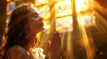 A peaceful woman with closed eyes praying amidst rays of sunlight in a church setting. - 768508355