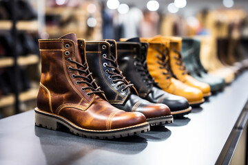Elegant Array of Leather Boots on Display in a Shoe Store, Showcasing Various Styles and Craftsmanship in Footwear Fashion - obrazy, fototapety, plakaty