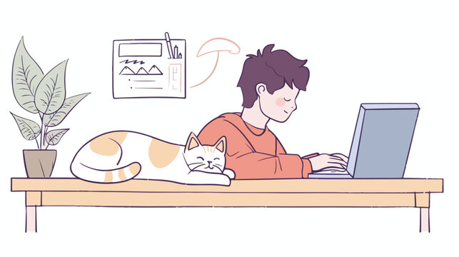 The owner using a laptop on the desk and the cat