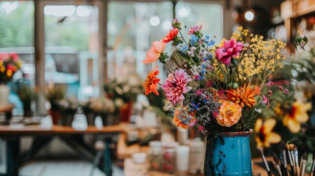 A vibrant bouquet of mixed flowers in a blue vase decorates a warm, inviting cafe interior.