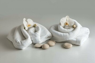 White towels with orchids on white background,  Spa concept
