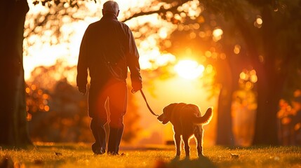 An elderly individual walks with their faithful dog in a park, basking in the golden glow of a peaceful sunset.
 Senior Enjoying Sunset Walk with Loyal Dog
