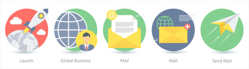 A set of 5 business icons as launch, global business, mail