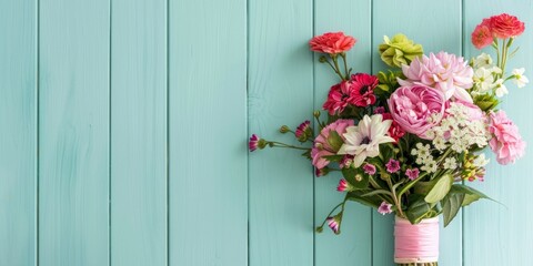 Vibrant bouquet of assorted spring flowers against a rustic blue wooden background.